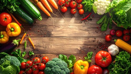 Vibrant Assortment Of Fresh Organic Vegetables Arranged On A Rustic Wooden Tabletop With Natural Sunlight Creating A Warm Atmosphere