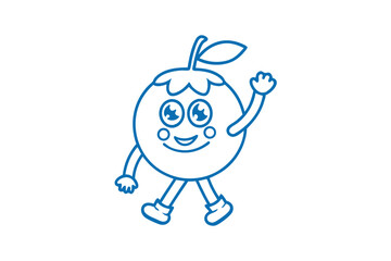 Happy outlined orange cartoon character waves and takes a stroll on the white background
