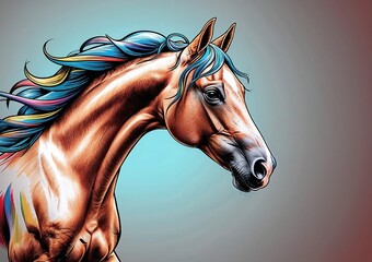 Artistic horse sketch with vibrant mane and detailed features, creative design concept