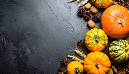 Autumn Harvest - Pumpkins, Wheat, and Pine Cones on Dark Background.