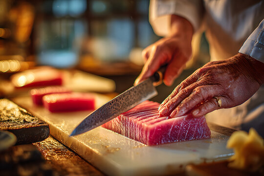 A chef's hands slice a thick tuna fillet with a yanagiba on a white board at a Japanese hotel sushi counter, dim focused lighting and warm tones emphasize craft. - Powered by Adobe