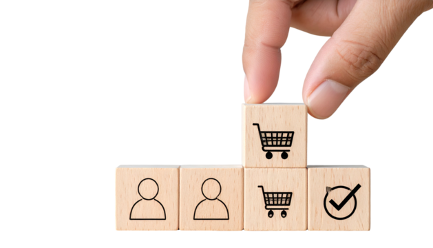 Hand placing shopping cart block on wooden cubes with person, cart, and check symbols - Powered by Adobe