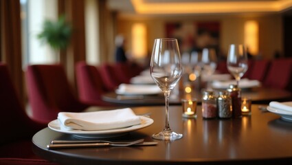 Fototapeta premium Refined Restaurant Table Setting with Wine Glass and Elegant Dinnerware