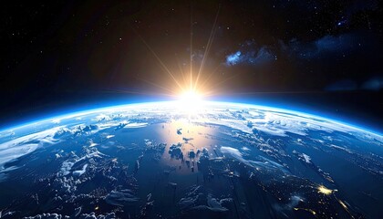 Planet Earth illuminated by bright sunrise viewed from space with starfield and nebula details