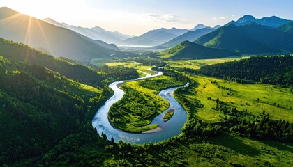 Vibrant Green Valley River Meandering Through Lush Mountains Under Golden Sunlight Rays Creating Dramatic Shadows and Light