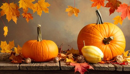 Autumn Harvest - Pumpkins and Gourds Amidst Falling Maple Leaves.