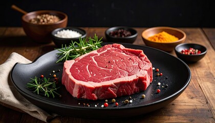 Raw Ribeye Steak Seasoned with Peppercorns Rosemary and Green Berries on a Black Plate Surrounded by Spices on a Wooden Table