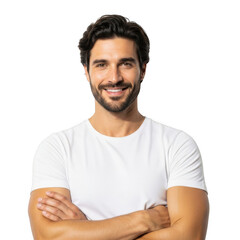 Obraz premium A handsome smiling man with a beard and short dark hair wearing a white t shirt with arms crossed isolated on transparent background
