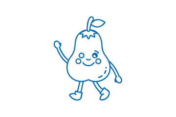 Smiling pear cartoon character walks, waving cheerfully in simple blue outline