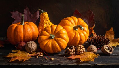 Autumn Harvest Still Life - Pumpkins, Gourds, and Fall Foliage.