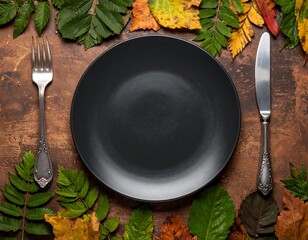 Autumn table setting with black plate, fork, and knife surrounded by colorful leaves.