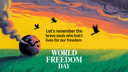 World freedom day illustration with earth and birds in sky