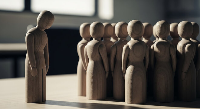 Wooden figure experiencing loneliness and social exclusion