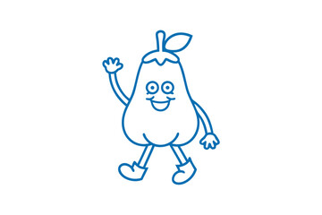 Joyful pear cartoon character in blue outline happily waves while walking