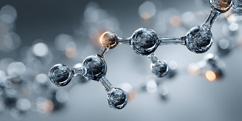 Hyaluronic acid molecules, 3D molecular chemical structure formula, abstract glass spheres. Hydration concept, anti-aging skincare, collagen, beauty. Cosmetic ingredients, biotechnology, dermatology