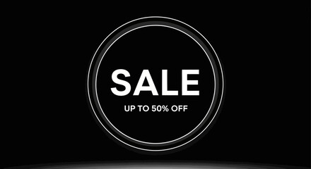 A black and white circular sale graphic with the word SALE and the text UP TO 50% OFF.