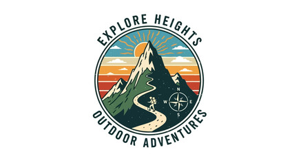 Circular logo featuring a mountain landscape with a winding path and a hiker, symbolizing outdoor adventures and exploration.
