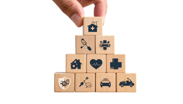 Hand stacking wooden blocks with health, home, and protection icons in a pyramid