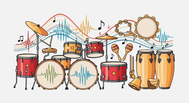 A vibrant illustration of various percussion instruments like a drum kit, congas, maracas, and tambourine, with musical notes and sound waves.