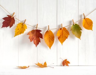 Autumn Leaves Garland - A Colorful Fall Decoration on White Wood.