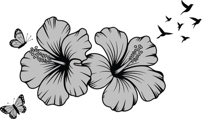 Black and white hibiscus flower illustration with butterflies and flying birds, minimalist floral tattoo design, tropical nature art, decorative drawing