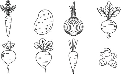 Black and white line art illustration of assorted root vegetables including carrot, potato, onion, beetroot, turnip,