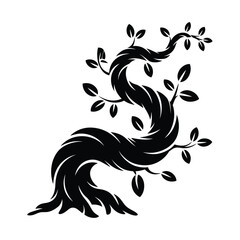 Stylized black silhouette of a twisted tree with leaves