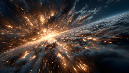 Fiery starburst radiates brilliant light and fast motion streaks. Abstract explosion with bright orange and yellow sparks against dark cloudy sky. Dynamic energy effect creating speed blur background.