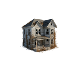 Abandoned derelict haunted house broken windows damaged roof overgrown vines transparent background