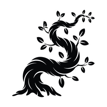 Stylized black silhouette of a twisted tree with leaves