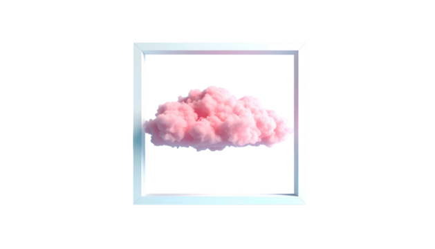 Pink fluffy cloud within a white square frame against a stark black background