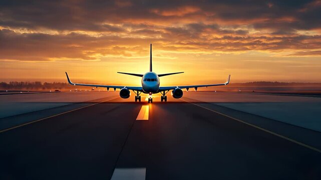 A large airplane stands boldly on the runway at sunset, its silhouette contrasting against the vibrant sky. This airplane, with glowing lights, prepares for takeoff amidst the colo