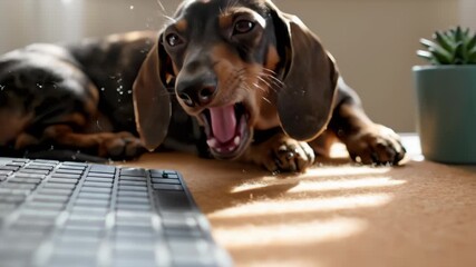 Dachshund Sleeps Near Keyboard on Desk in Sunny Office Setting