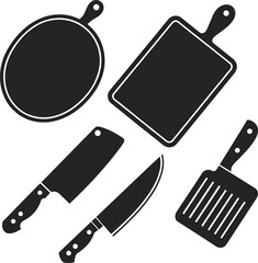 Black and white silhouette illustration of kitchen utensils with knife, cutting board, spatula, and pan for cooking design concept