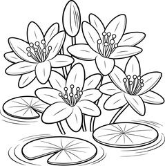 Black and white line art illustration of lotus flowers with lily pads on water, detailed floral drawing for coloring and design