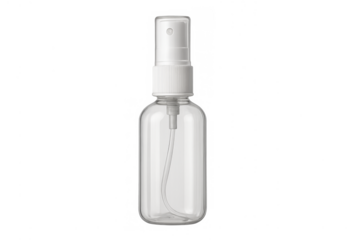 Clear plastic spray bottle dispenser featuring generic personal care cosmetics