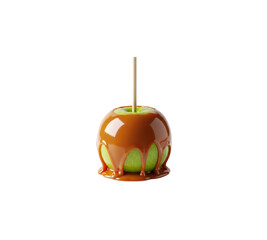 Fresh green Granny Smith apple coated in thick flowing caramel sauce sweet dessert treat on stick