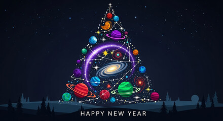 Space christmas tree celebrating new year and universe
