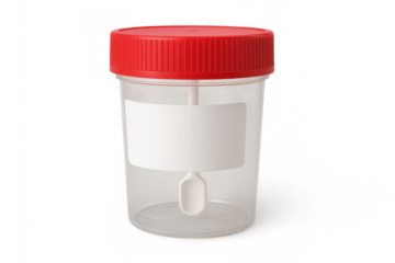 Medical specimen cup with red lid and spoon