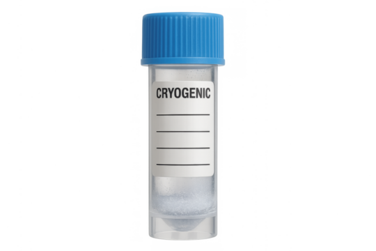 Cryovial with a blue cap and label holding a preserved sample for laboratory use