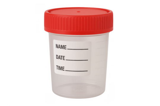 Clear medical specimen cup with red lid for testing