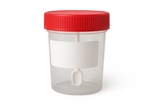 Medical specimen cup with red lid and spoon