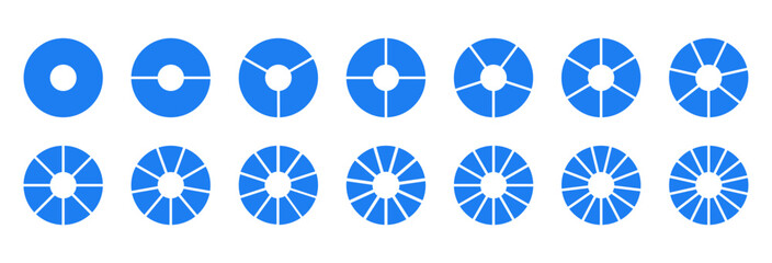 Circle division on from 1 to 14 equal parts. Wheel life round divided diagrams with segments. Blank infographic progress blue icons. Coaching flat tool. Segmented simple pinwheels.