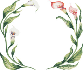 Elegant floral birthday greeting card design with colorful calla lilies, green leaves, artistic decorative border,