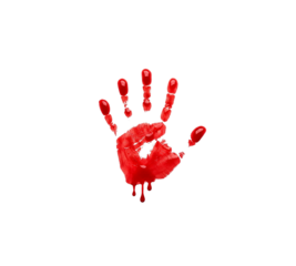Grungy red bloody handprint splatter dripping paint cutout element isolated on transparent background