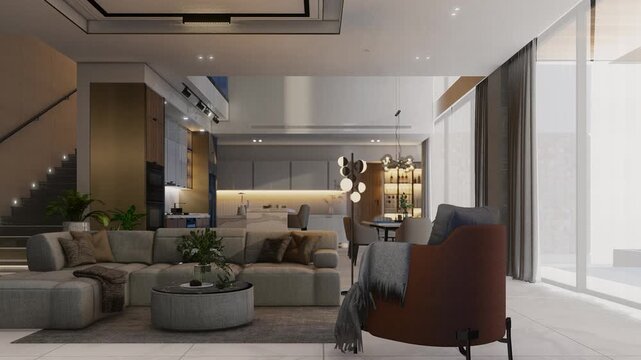 4K 3D Rendering Animation of Luxury Modern Kitchen and Living, Dining Room