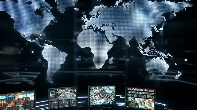 Digital world map backdrop with screens displaying data and statistics - Powered by Adobe