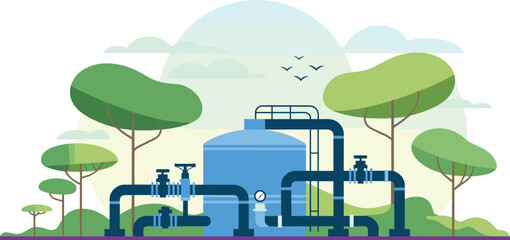 Flat design illustration of industrial water treatment plant with pipelines, storage tank, and green eco environment for sustainable energy concept