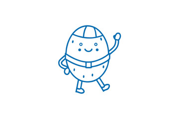 Smiling potato with belt and hat strides forward while waving hello cheerfully
