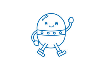 The happy cartoon alien character is walking and waving, rendered in blue
